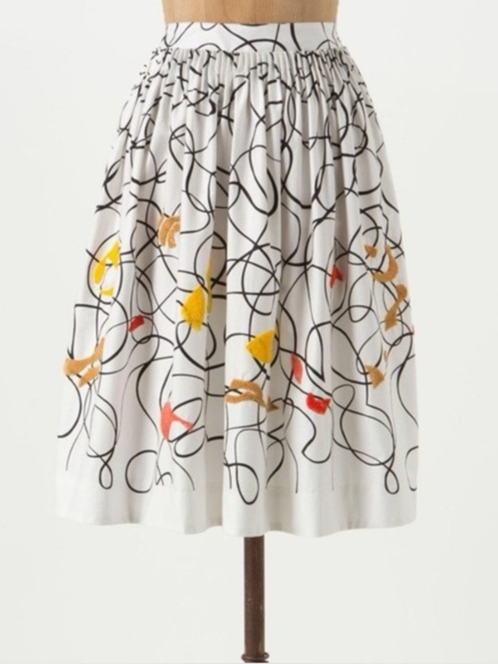 Maeve White A-Line Midi Skirt with Black Scribble Print and Yellow & Red Accents